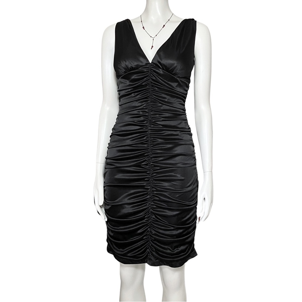 Vintage Y2K Black Satin Ruched V Neck Midi Cocktail Party Dress. XS. Graduation